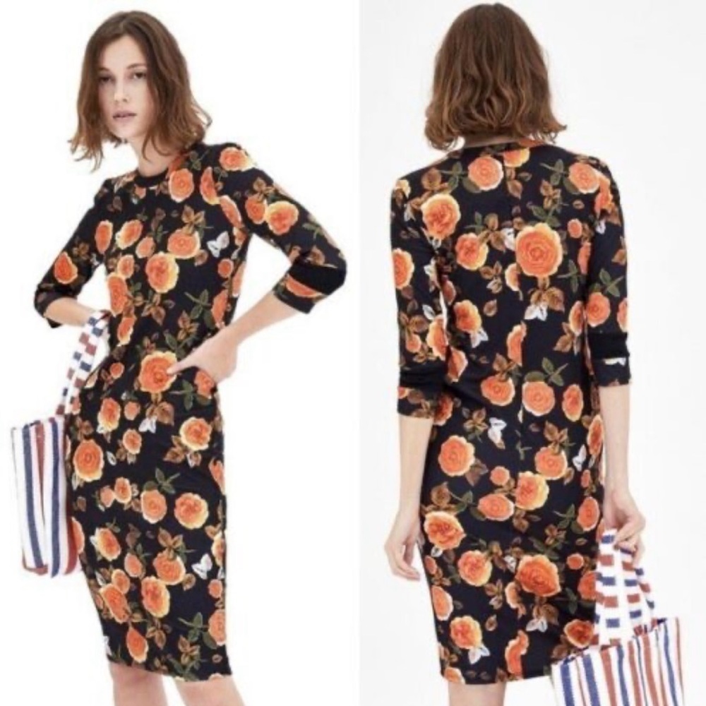 ZARA Floral Midi Dress Black Orange Roses Bodycon 3/4 Sleeves size M Party Date